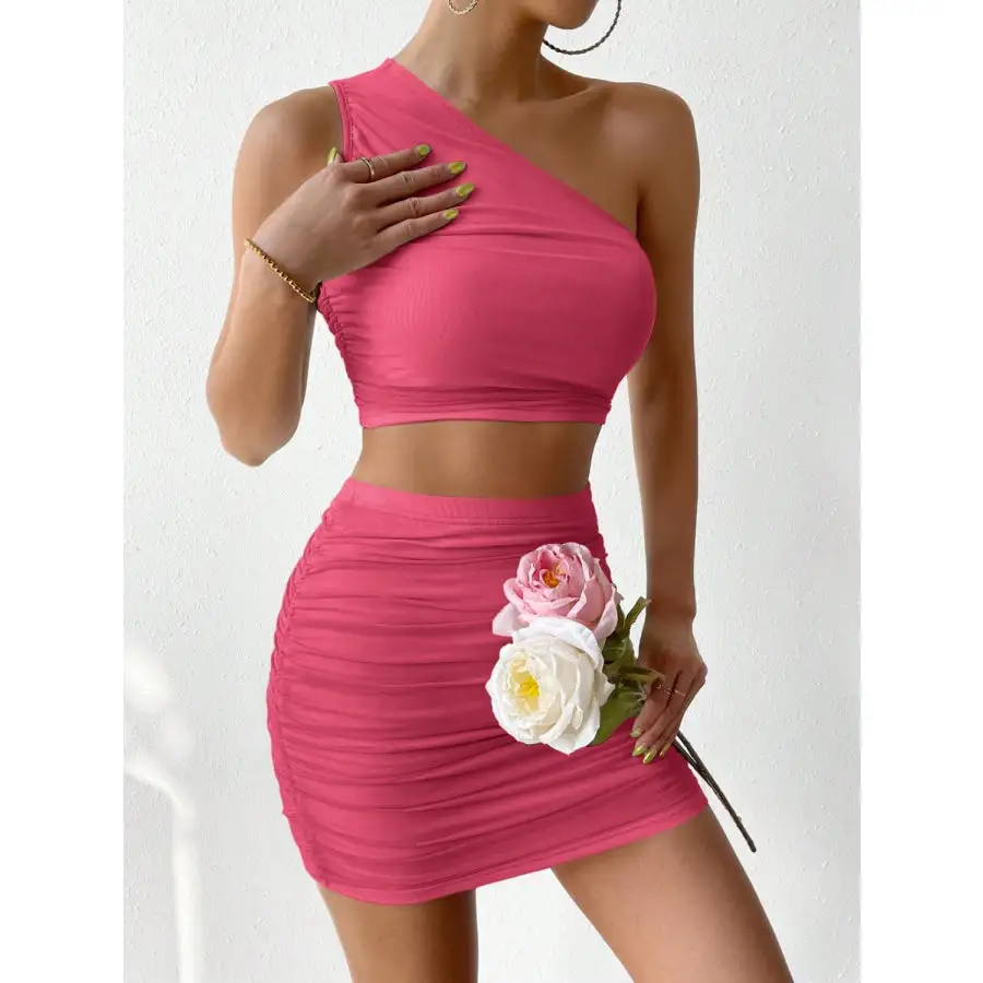 Airy Ruched Single Shoulder Top And Skirt Set
