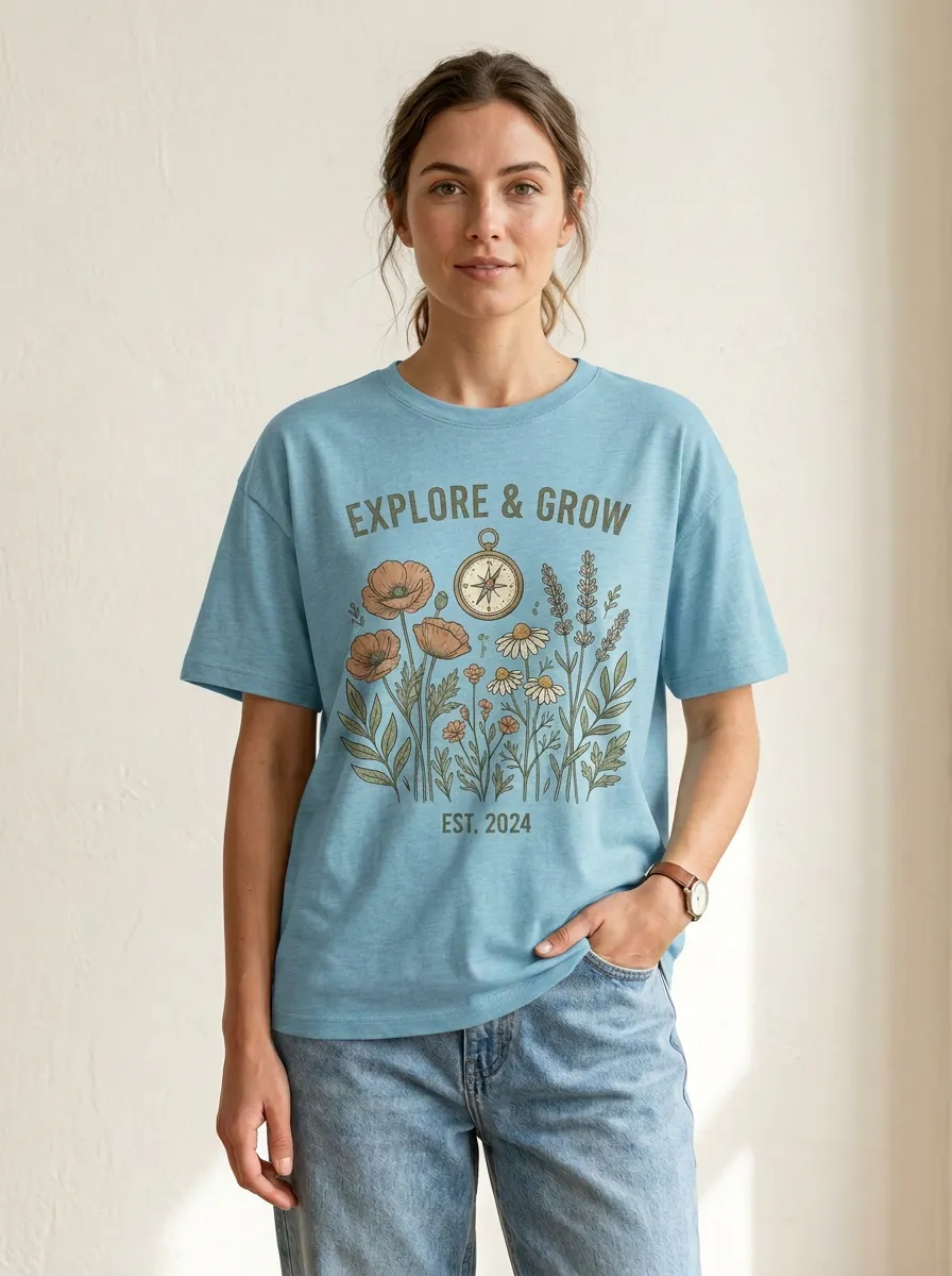 Nature Lover Explore And Grow Compass Floral T-Shirt