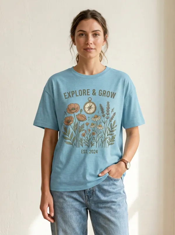 Nature Lover Explore And Grow Compass Floral T-Shirt