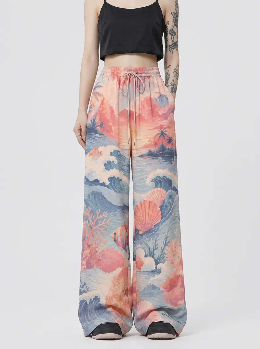 Women's Beach Ocean Lover Seashell Coral Printed Wide Leg Pants