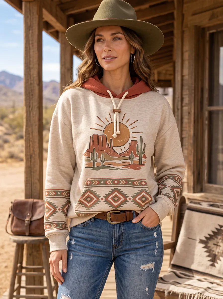 Women's Western Desert Cactus Sun Printed Hoodie