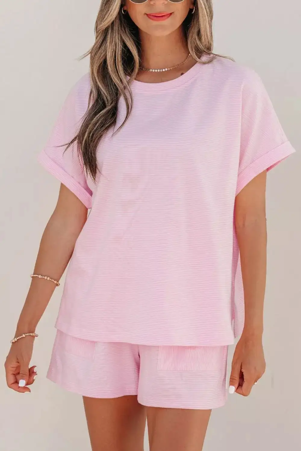 Stripe Matching Oversized Tee Drawstring Shorts Set