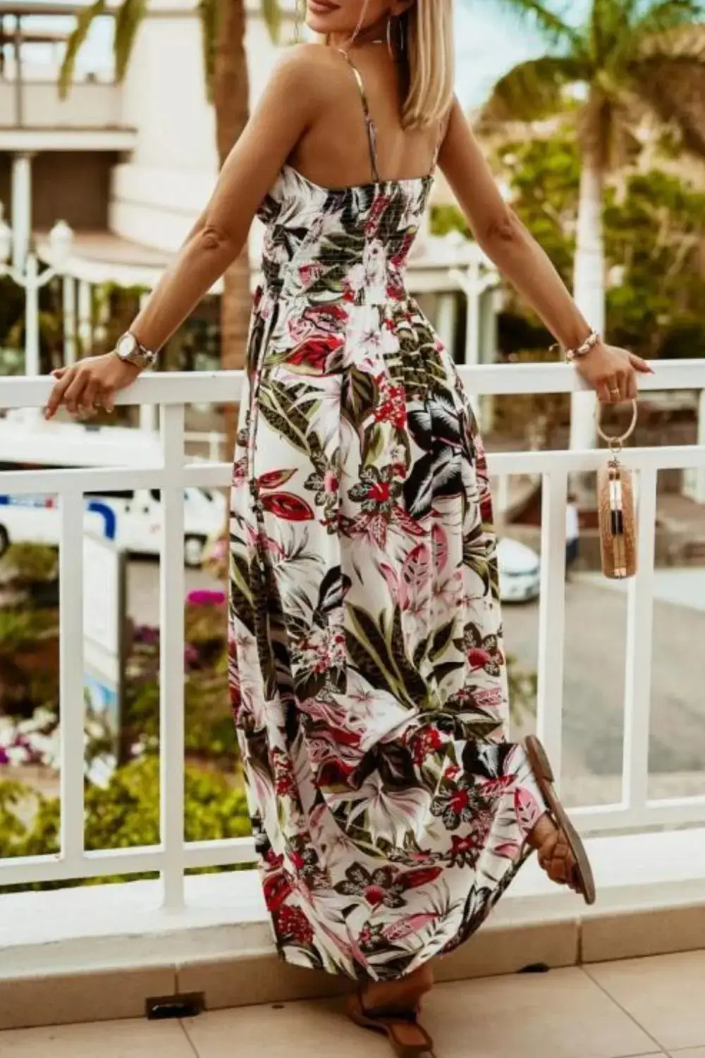 Classic Smocked Spaghetti-Strap Printed Maxi Dress