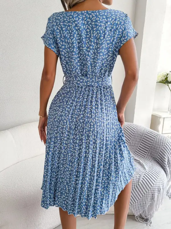 Pleated Midi Dress with Belt