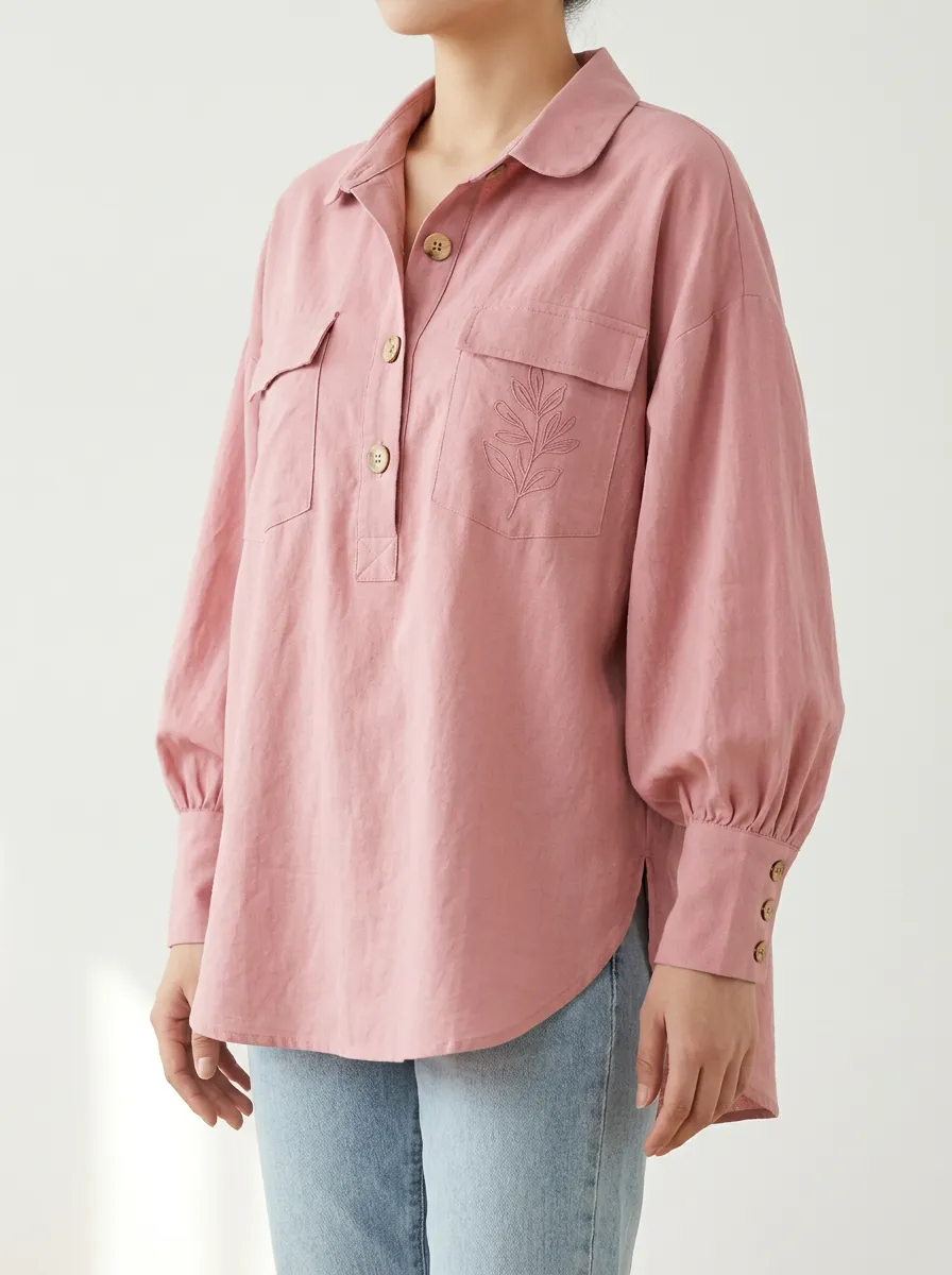 Women's Pink Botanical Leaf Embroidered Button Down Shirt