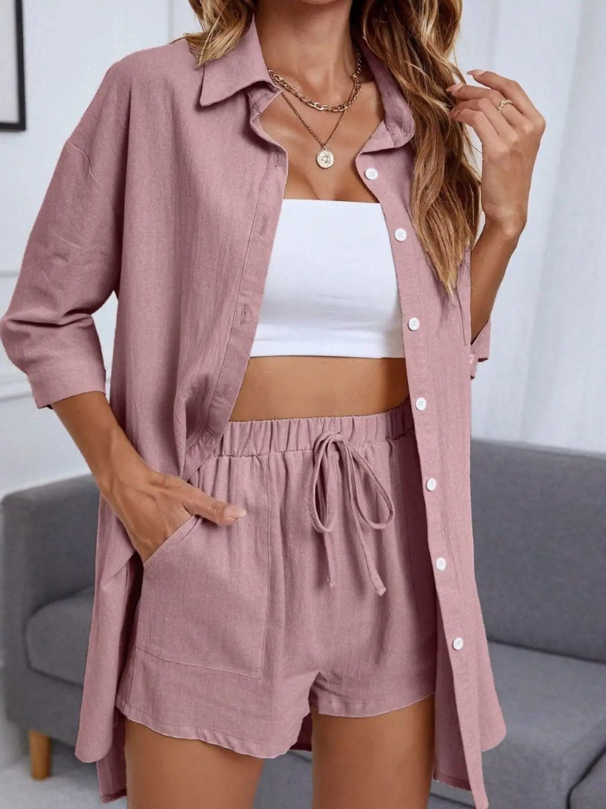 Drawstring Pocketed Shirt and Shorts Matching Set