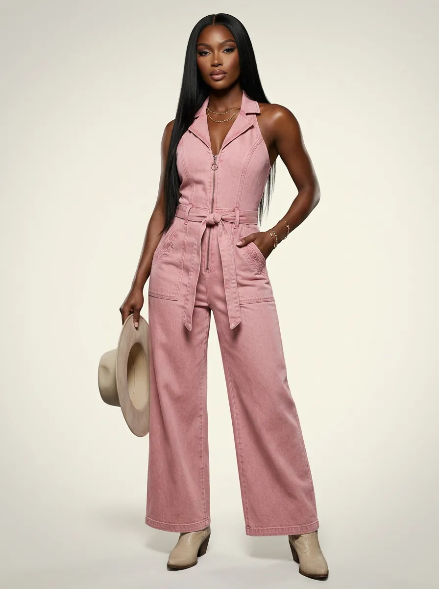 Pink Sleeveless Zip-Front Belted Denim Jumpsuit