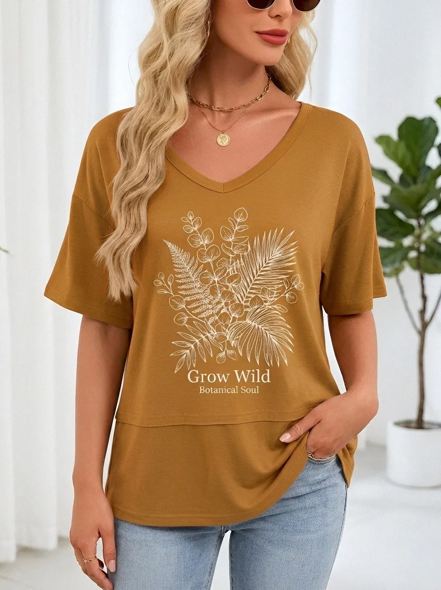 Women's Nature Lover Grow Wild Botanical Fern Printed T-shirt