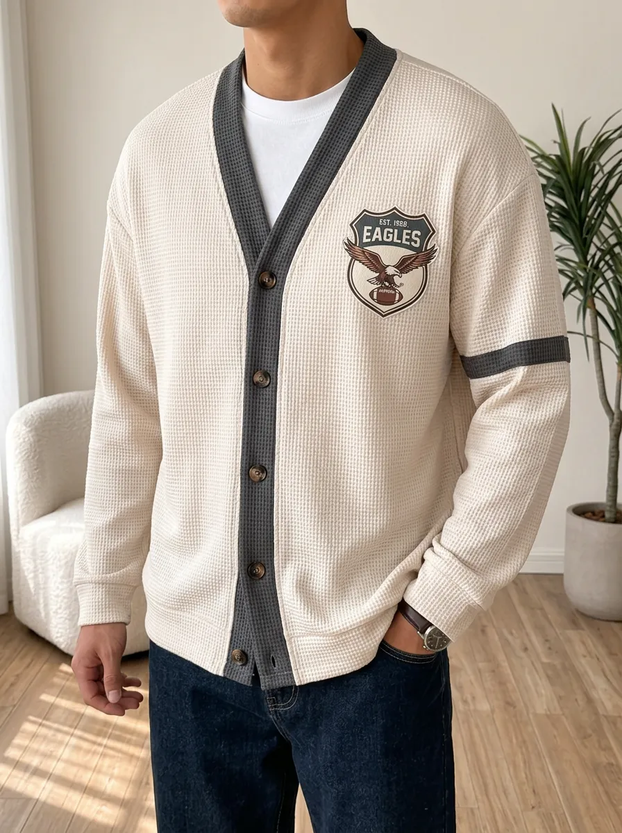 Men's Football Eagles Logo Printed Waffle Knit Cardigan
