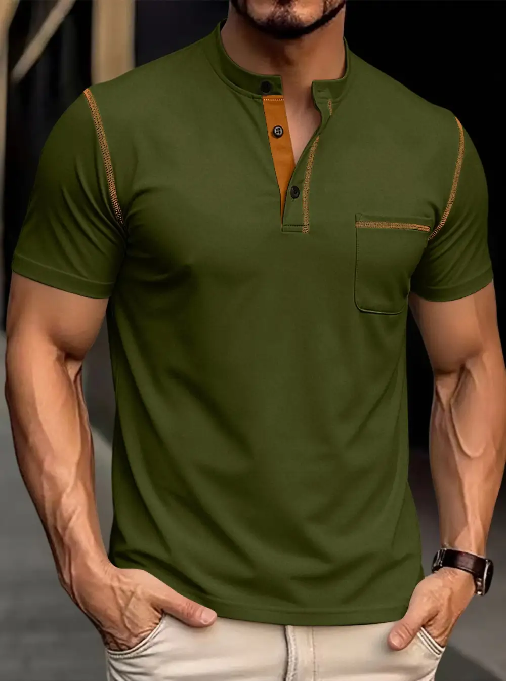 Men's Modern Short-Sleeve Henley With Stand Collar Contrast Stitching And Patch Chest Pocket
