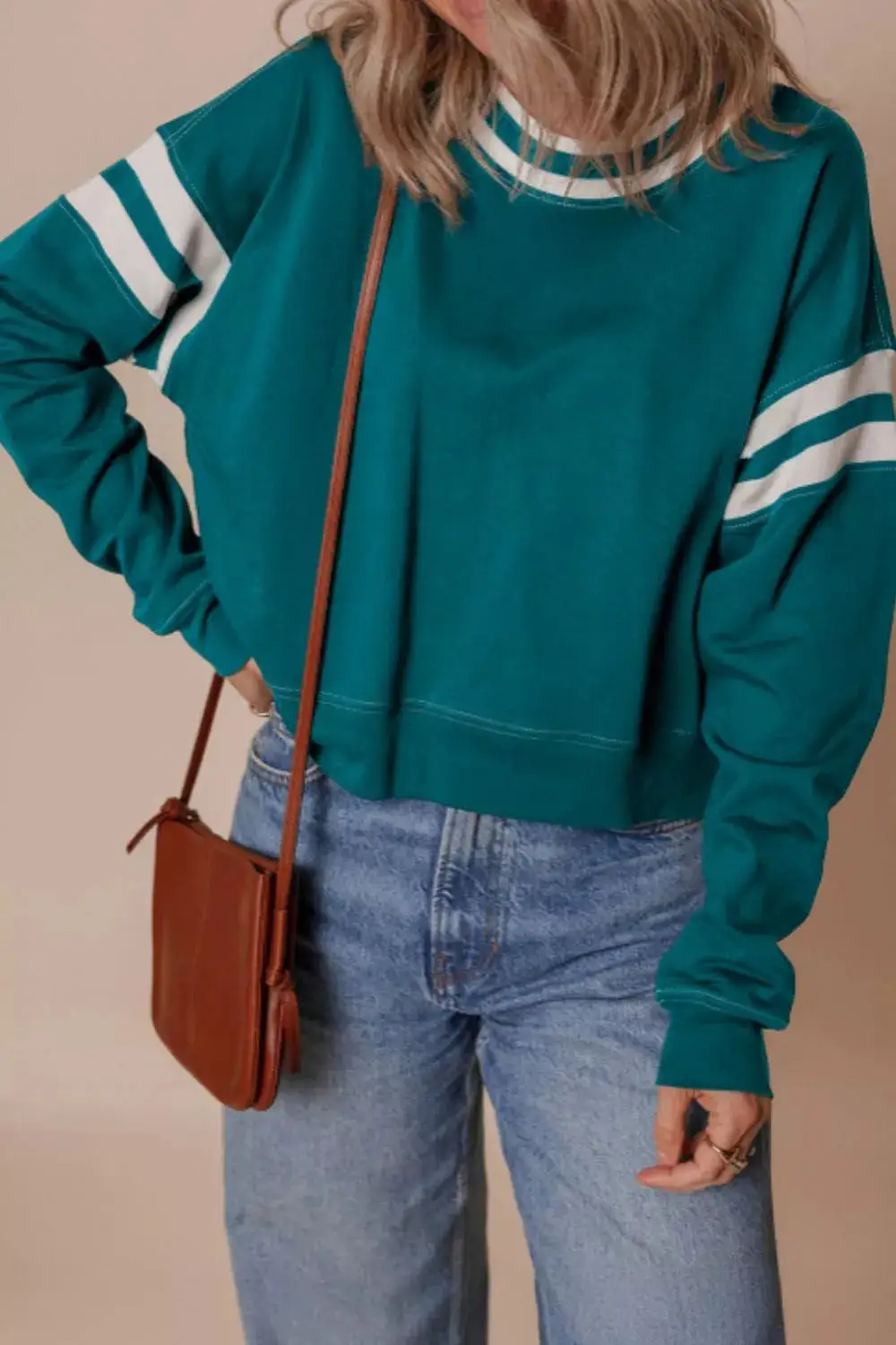 Drop Shoulder Round Neck Patchwork Sweatshirt