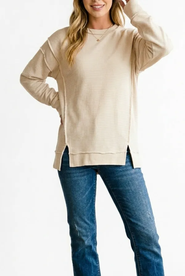 Textured Acid Washed Double Ribbed Exposed-Seam Sweatshirt