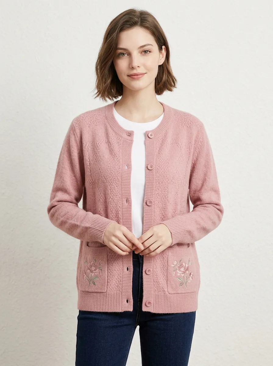 Women's Pink Floral Embroidered Button-Down Knit Cardigan