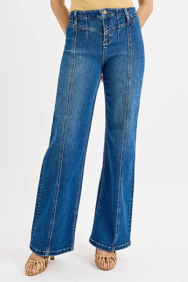 Classic Wide Leg Seam Detail Denim Jeans