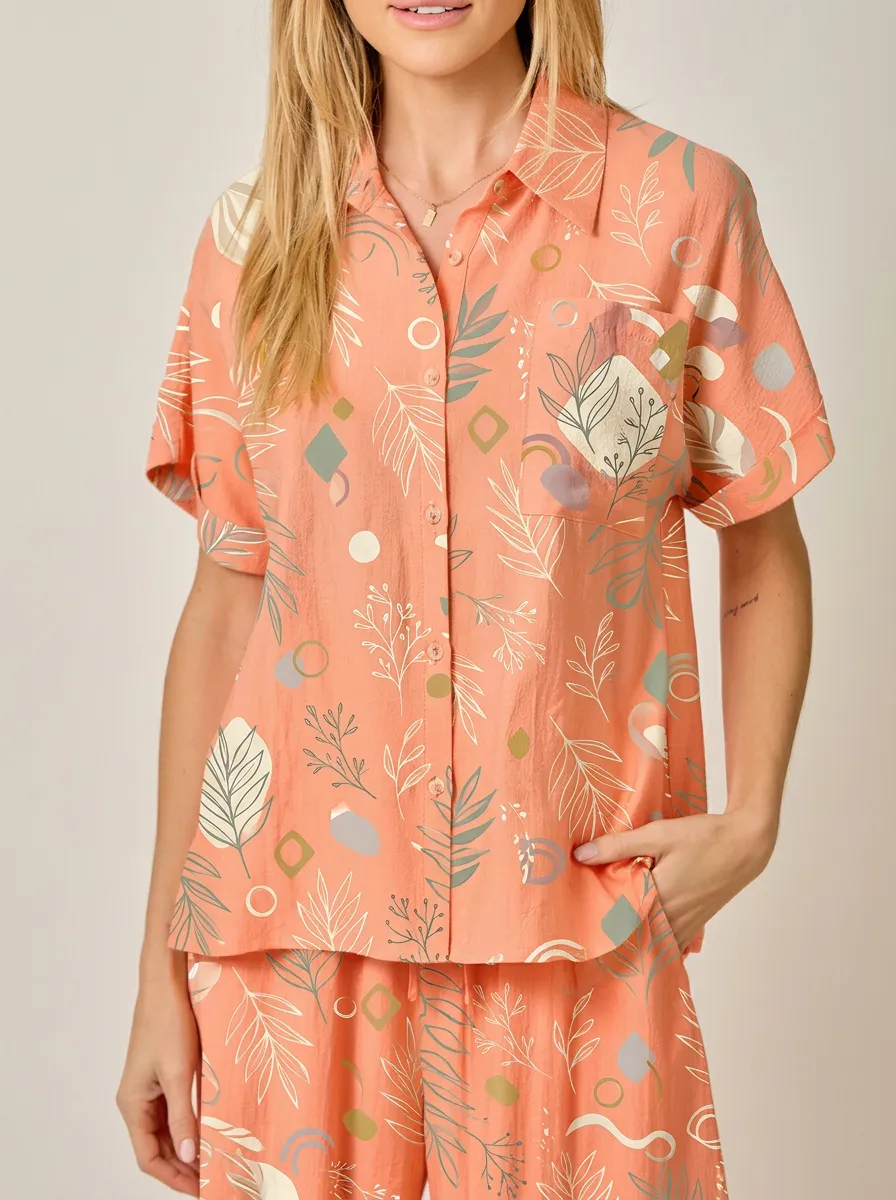 Women's Boho Botanical Abstract Printed Button-Down Shirt