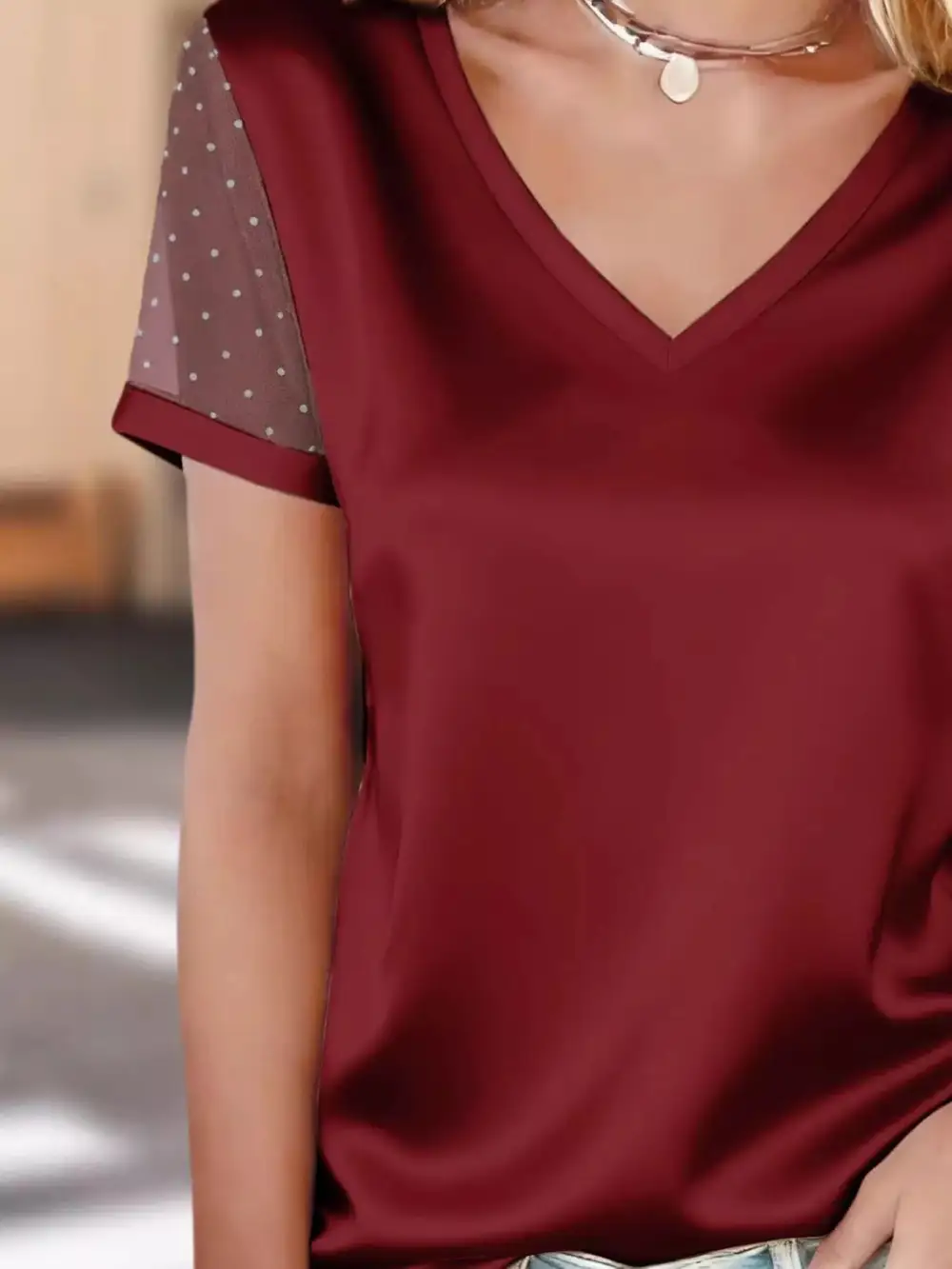 Sheer Sleeve V Neck Top