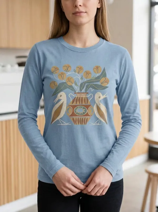 Women's Folk Art Bird and Floral Vase Printed Long Sleeve Top
