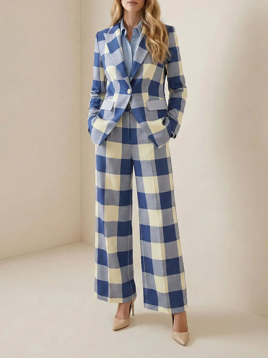 Long Sleeve Relaxed Button Front Contrast Color Plaid Blazer