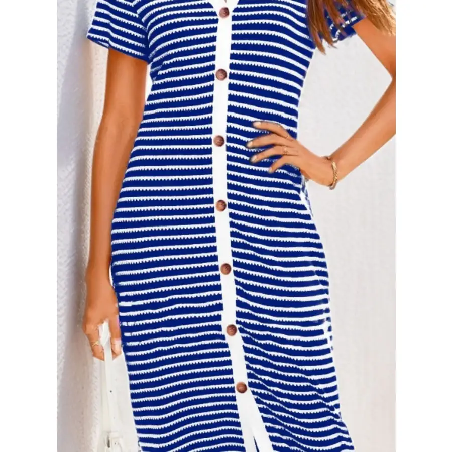 Contrast V-Neck Short Sleeve Midi Dress