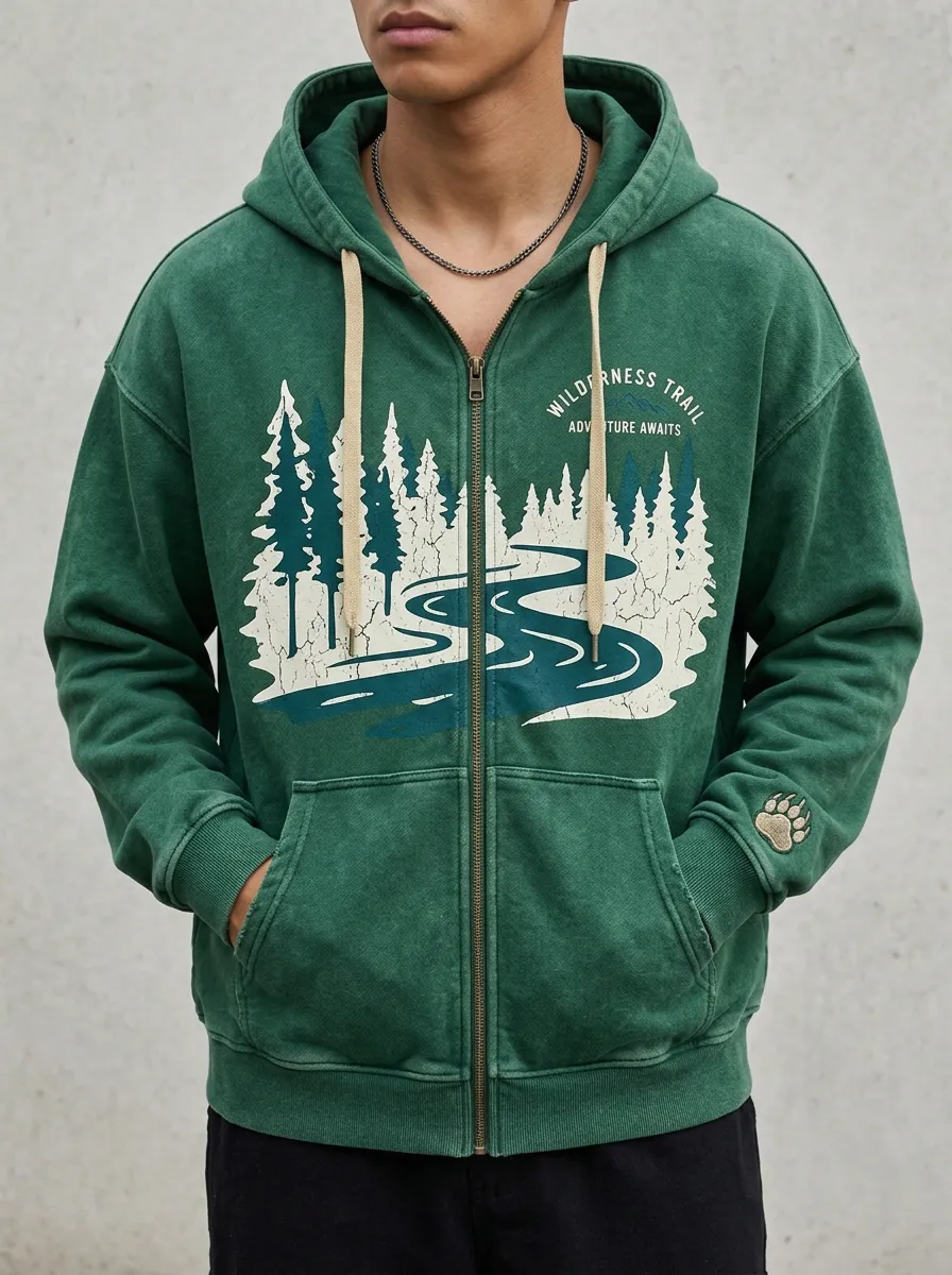 Men's Wilderness Trail Forest River Printed Zip Up Hoodie