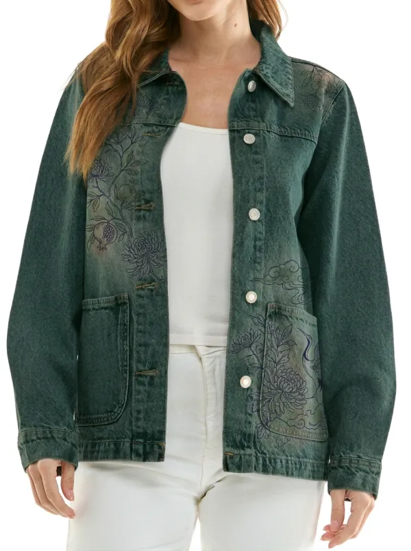 Women's Floral Crane Botanical Art Printed Denim Jacket