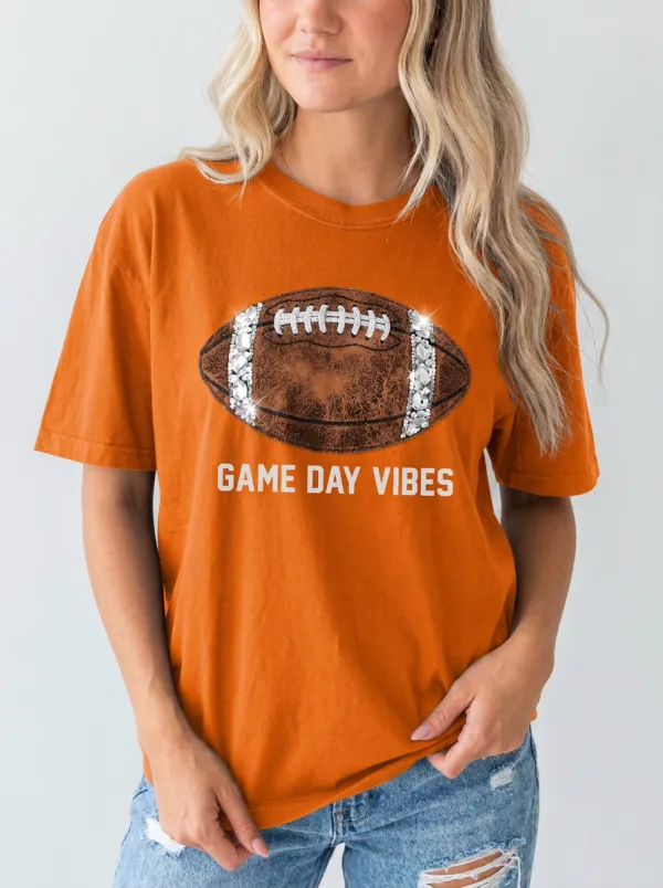 Women's Football Fan Game Day Vibes Rhinestone Printed T-shirt