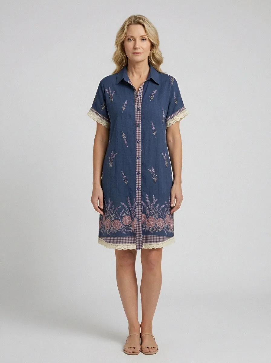 Women's Summer Vacation Lavender Floral Gingham Printed Shirt Dress