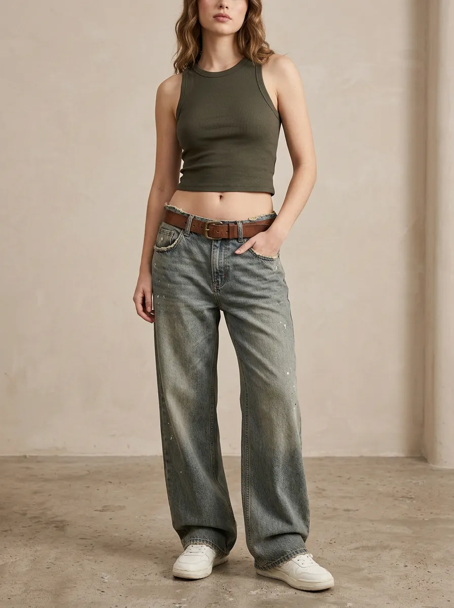 Women's Vintage Style Distressed Paint Splatter Printed Wide Leg Jeans