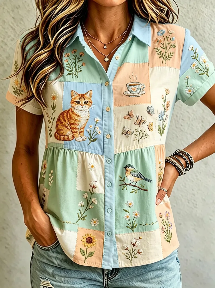 Women's Cat Floral Patchwork Printed Cotton Linen Shirt