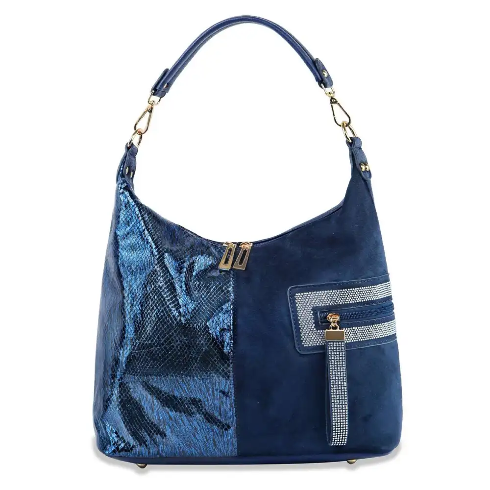 Classic Detail Studded Crystal Accent Pocketed Faux Leather Hobo Shoulder Bag