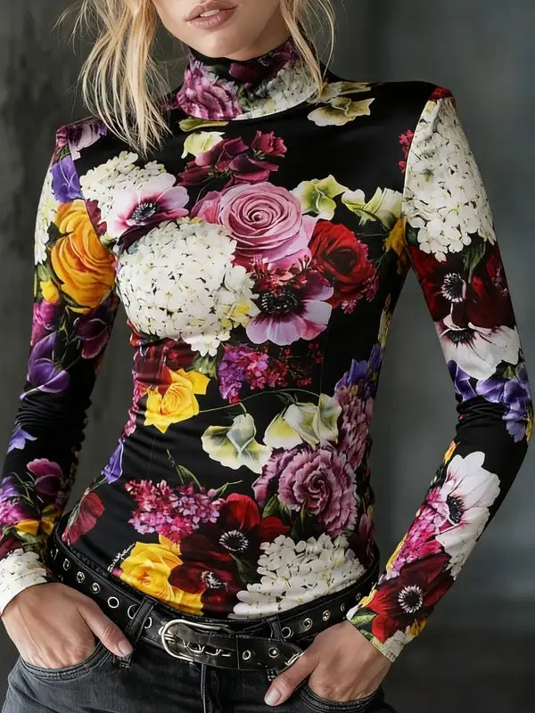 Long Sleeve Slim Fit Contrast Floral Print High Neck T-Shirt