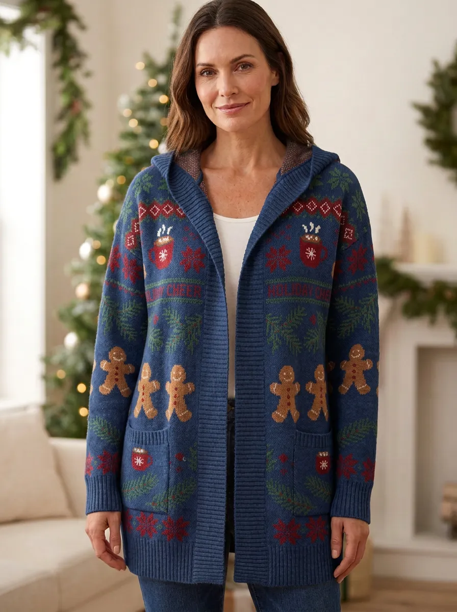 Christmas Holiday Cheer Gingerbread Print Hooded Cardigan