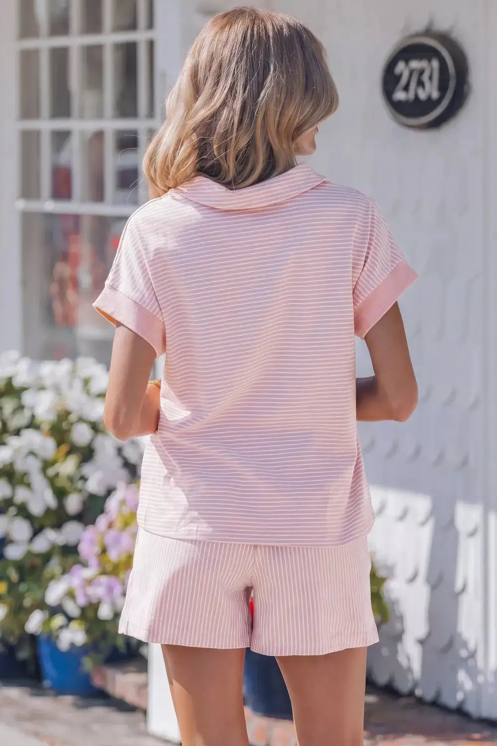 Stripe Dolman Sleeve Polo Shirt Drawstring Shorts Set