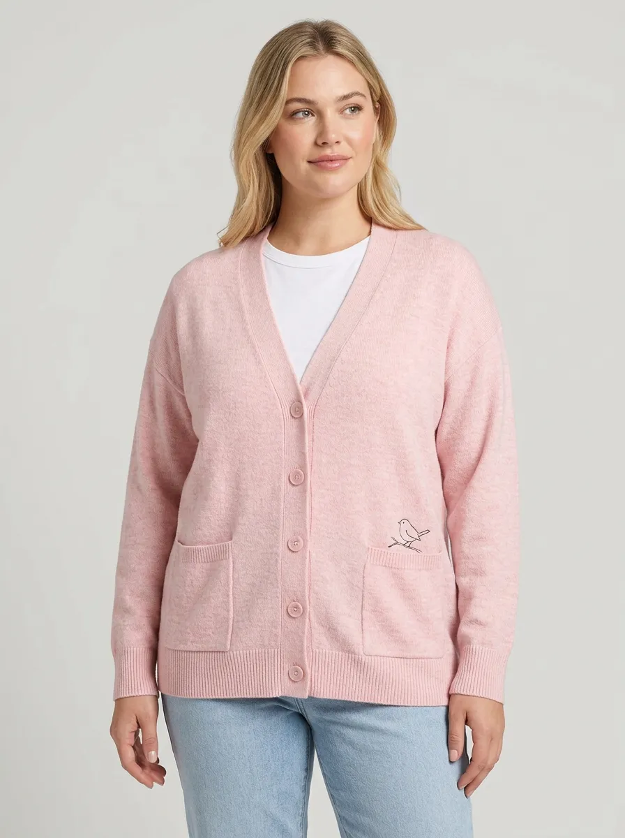 Women's Bird Lover Pink Minimalist Bird Printed Casual Cardigan