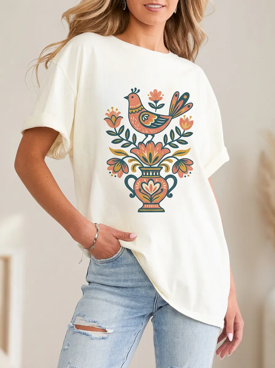 Women's Folk Art Bird and Floral Vase Printed T-shirt