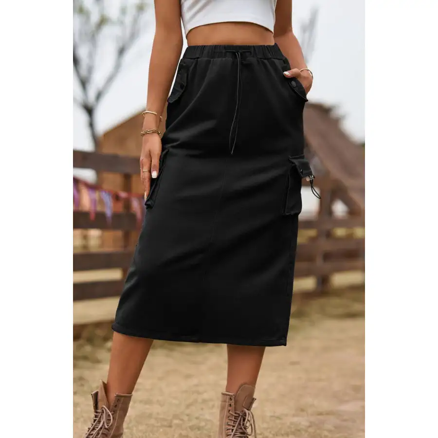 Drawstring Waist Slit Denim Skirt