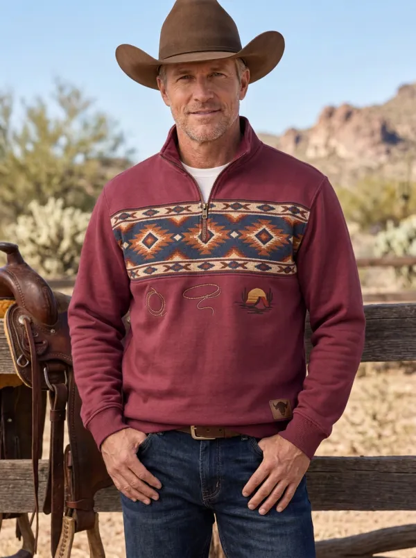 Men's Western Cowboy Lasso Cactus Quarter-Zip Sweatshirt