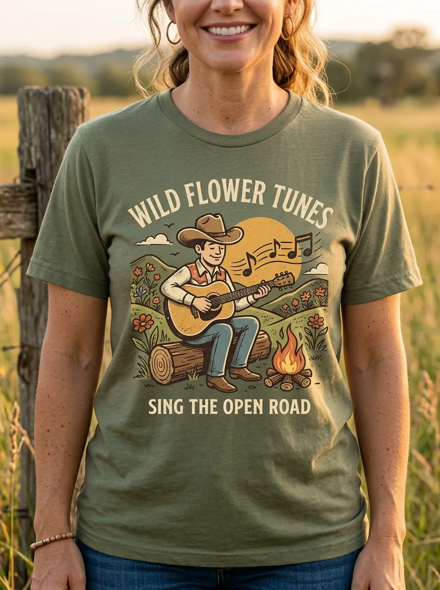 Acoustic Country Music Cowboy Guitar Campfire Crew Neck T-Shirt