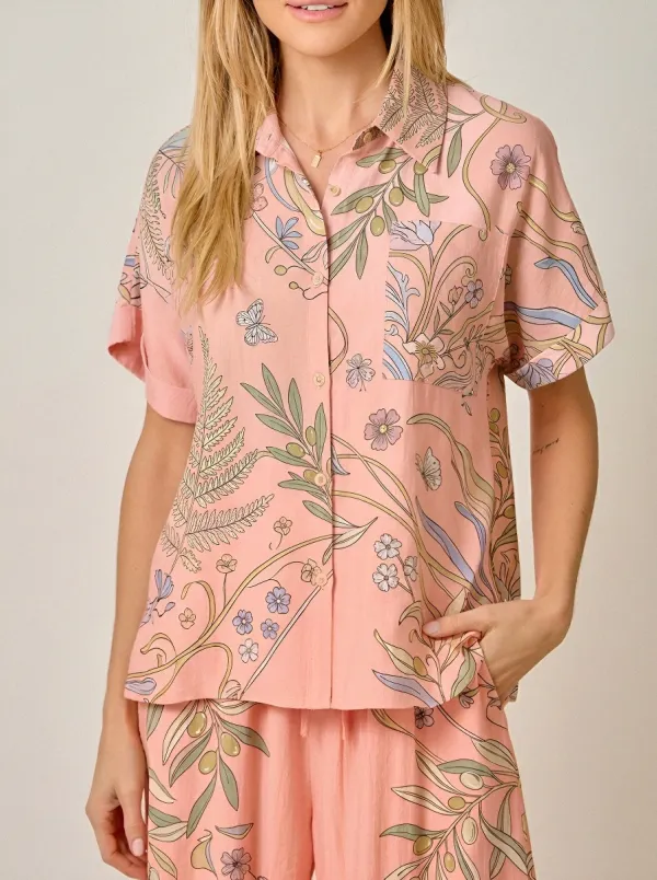 Women's Boho Floral Butterfly Botanical Printed Button-Up Shirt