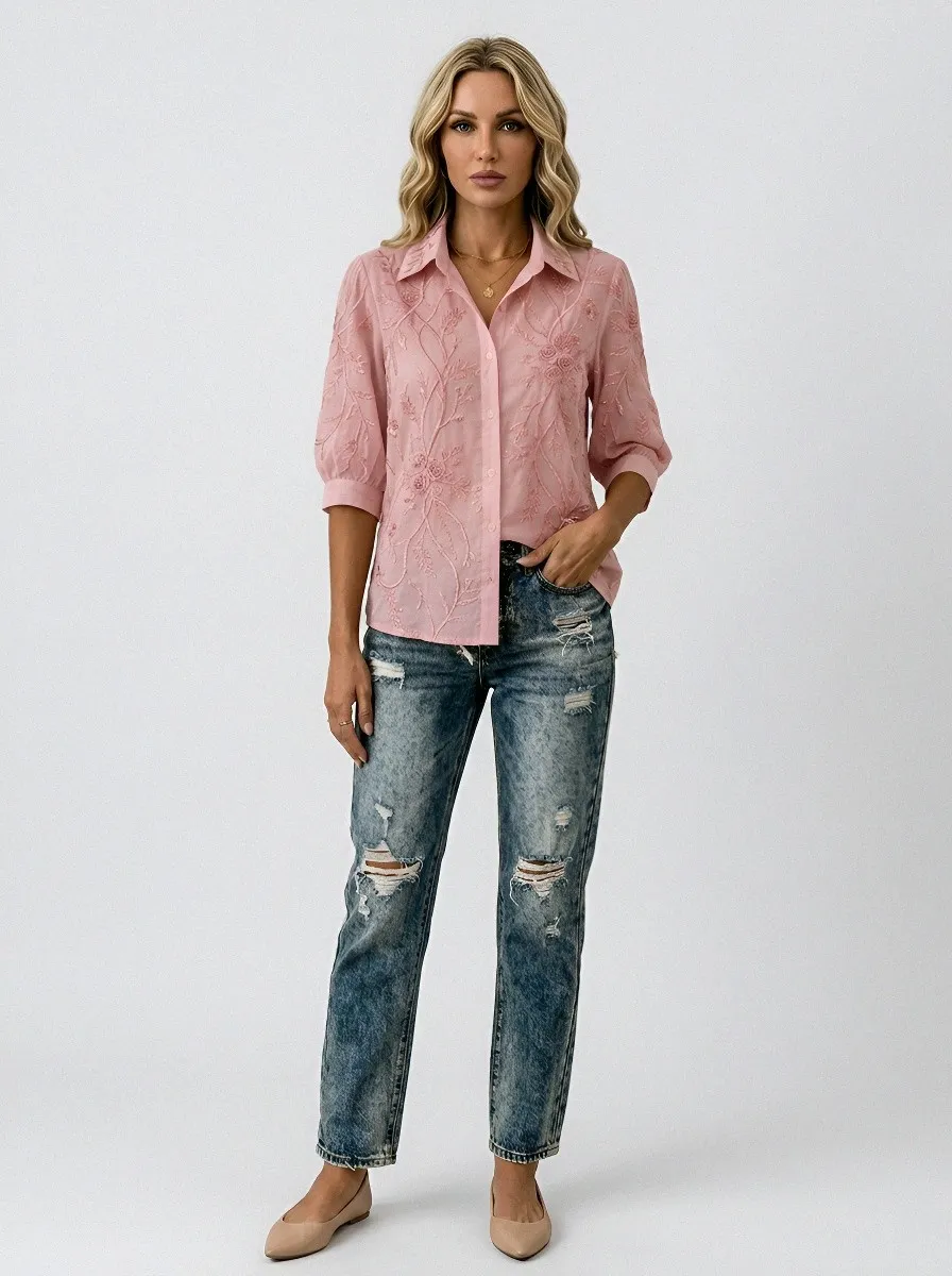 Women's Breast Cancer Awareness Pink Floral Embroidered Button-up Shirt