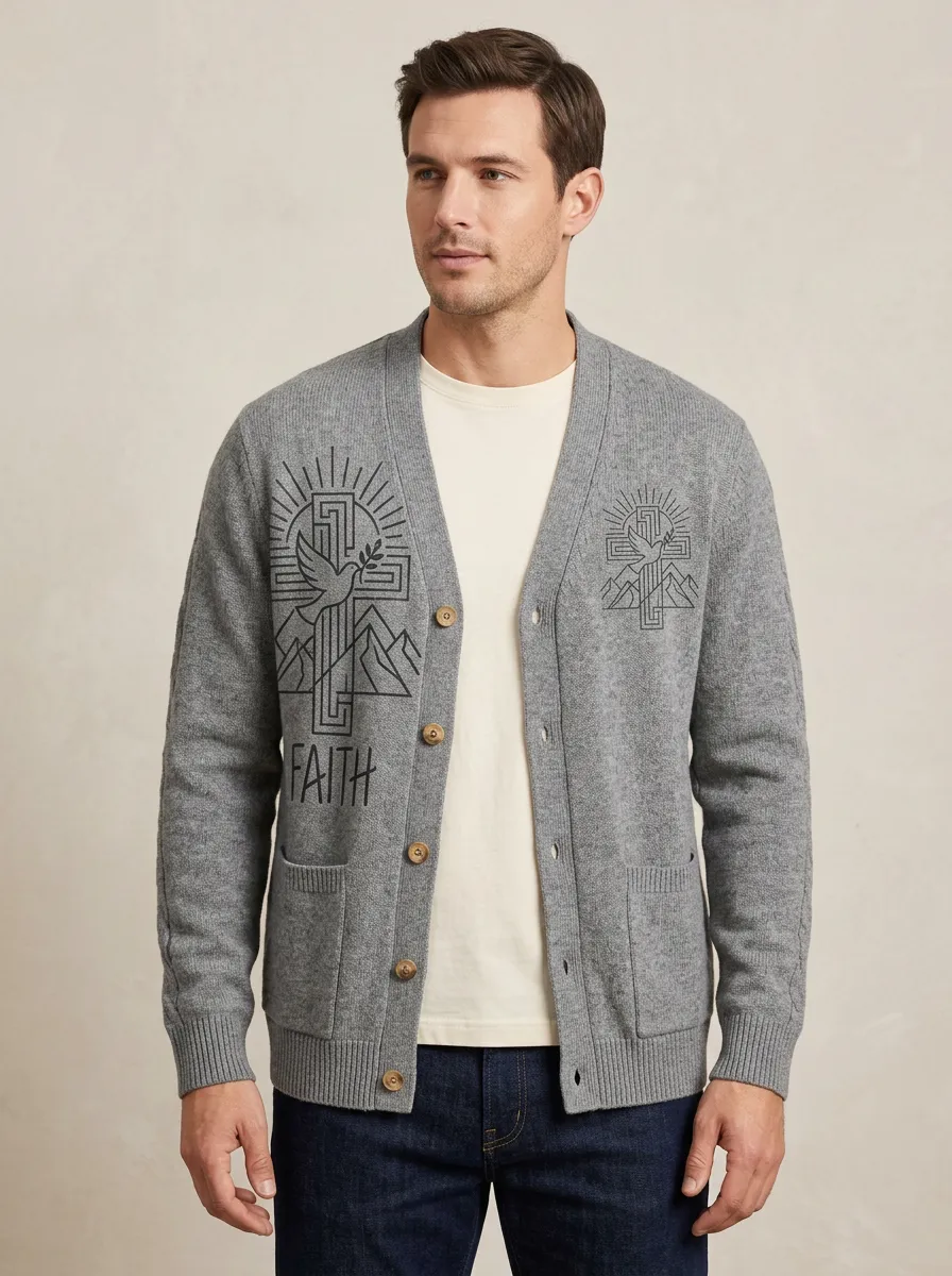 Men's Faith Christian Cross Dove Printed Cardigan