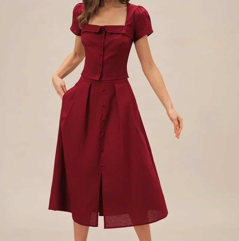Red Ruched Slit Midi Skirt