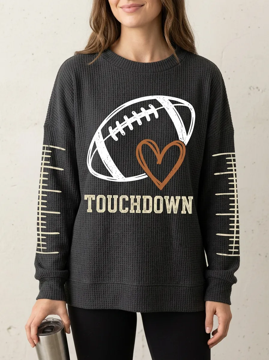 Women's Football Lover Touchdown Heart Sleeve Printed Waffle Sweatshirt