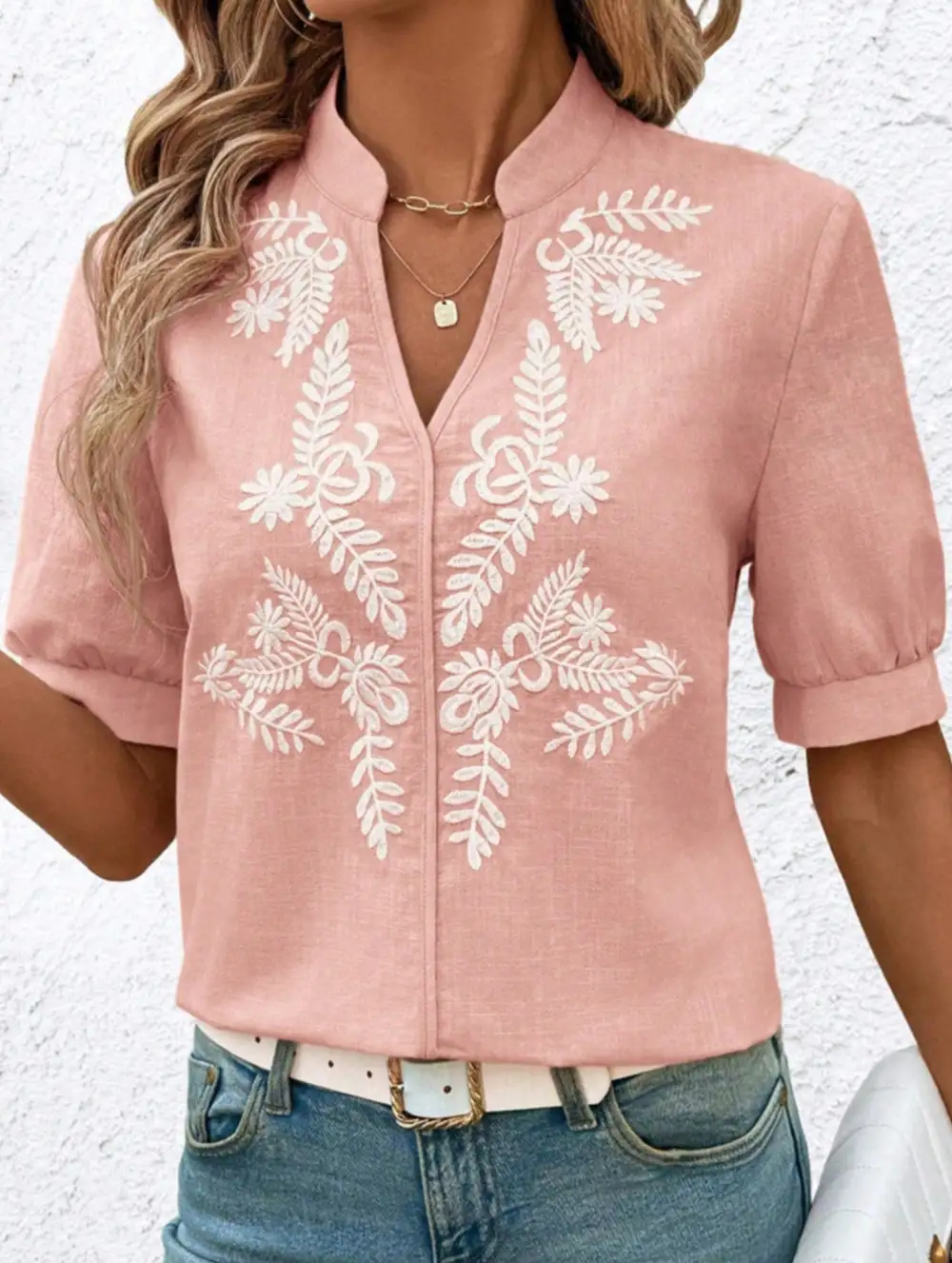V Neck Embroidered Cotton Short Sleeve Blouse
