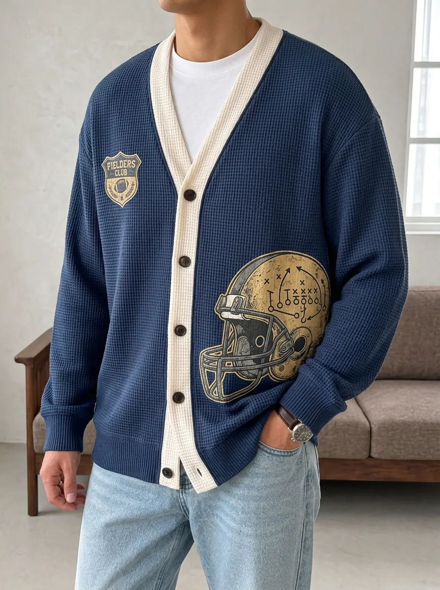 Men's Game Day Football Fan Helmet Graphic Printed Waffle Knit Cardigan