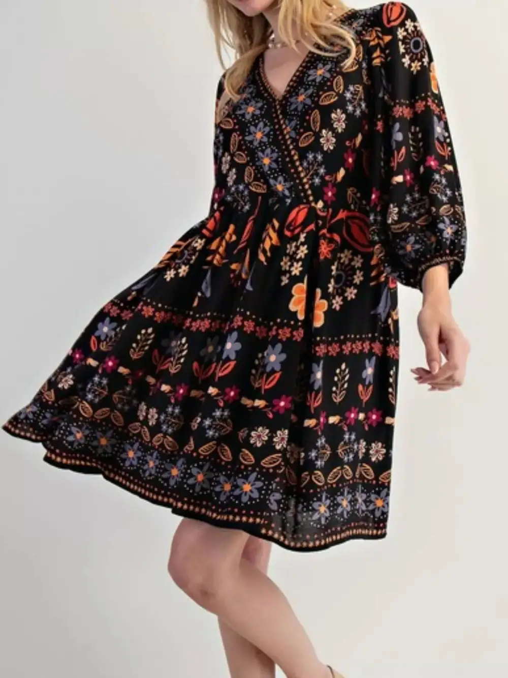Structured Shape Floral Printed Long Sleeve Mini Dress