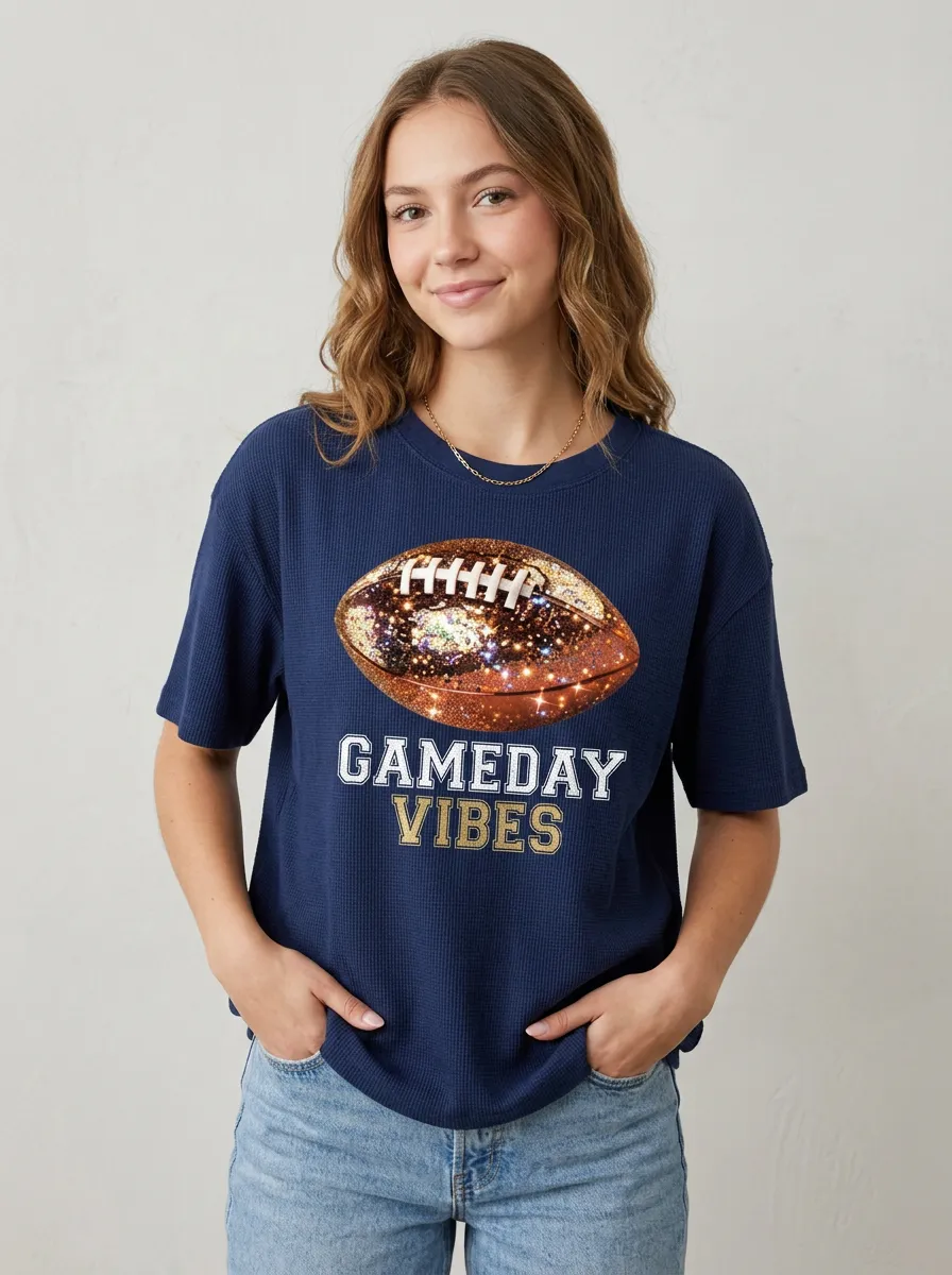Women's Football Fan Gameday Vibes Glitter Ball Printed T-shirt