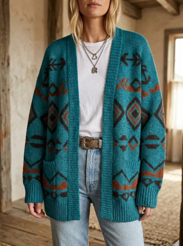 Women's Western B3 Aztec Geometric Pattern Knitted Cardigan