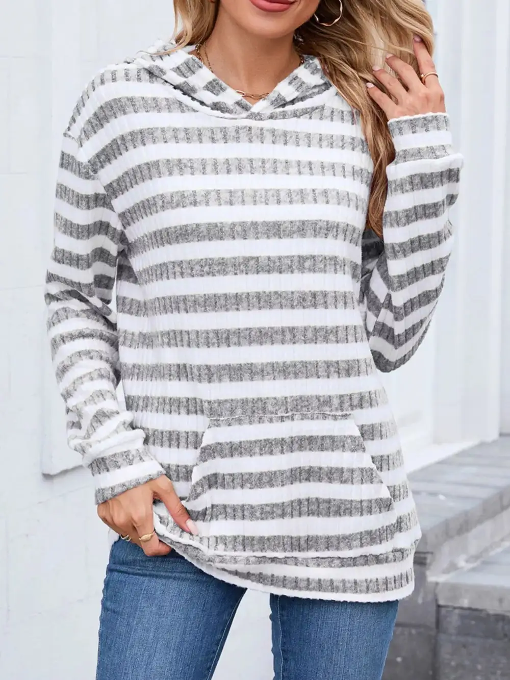 Pocketed Striped Hoodie