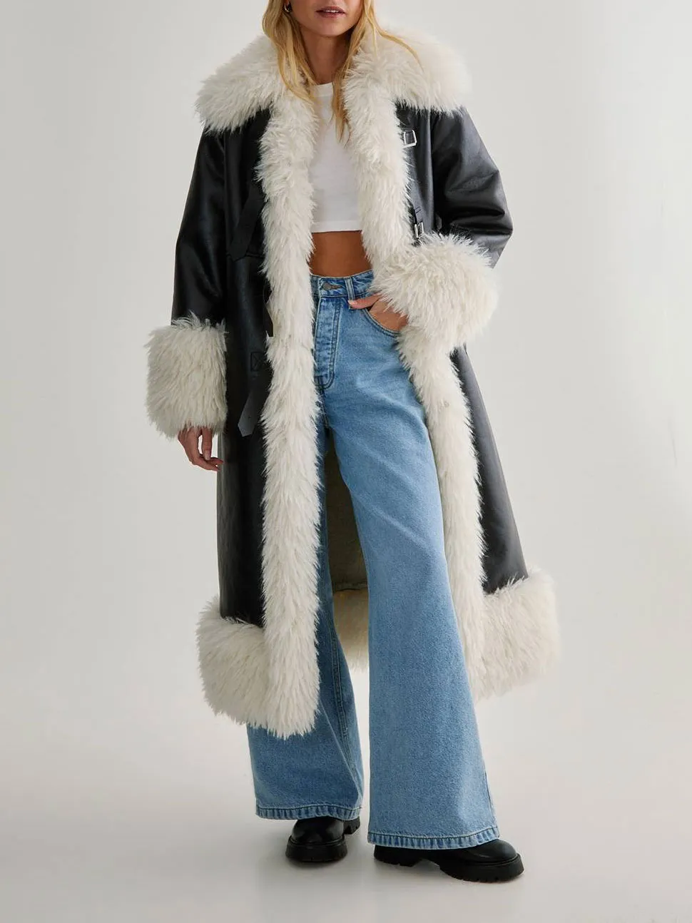 Women's Wide Faux Fur Collar & Leather Long Coat